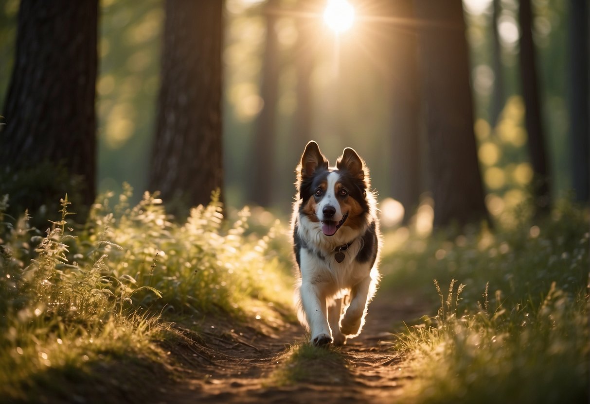 A loyal dog trots behind its owner, tail wagging, as they walk through a sun-dappled forest. The dog's eyes are fixed on the owner, filled with adoration and unwavering loyalty