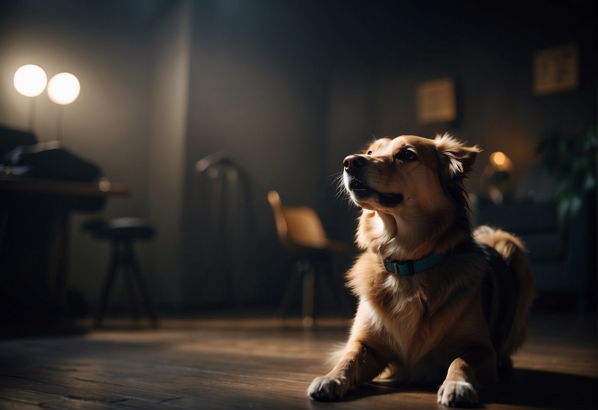 A dog barking at a dark, empty room. Ears perked, hackles raised, and a sense of unease in the air