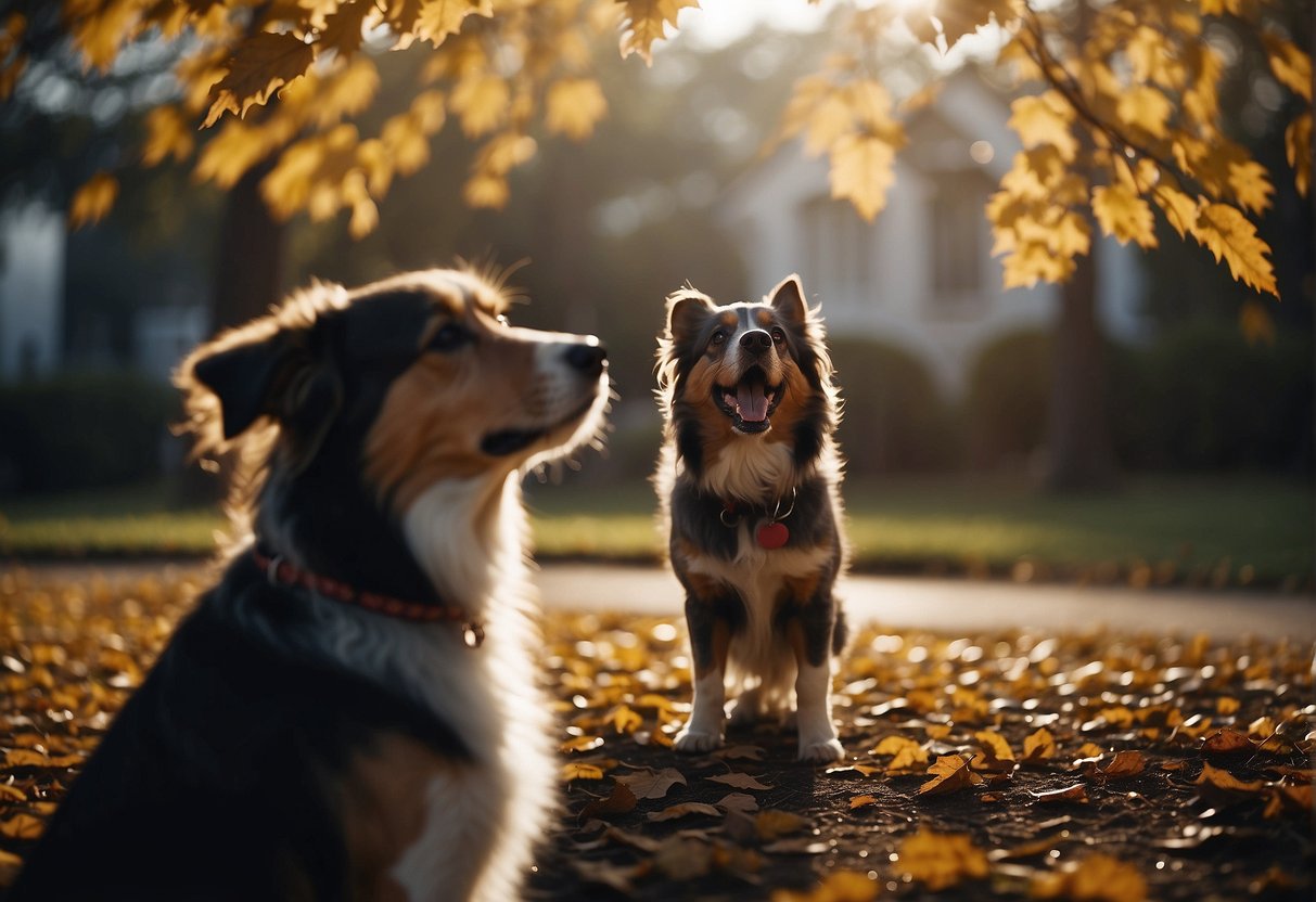 A dog barking at swirling leaves and howling wind, with a shadowy figure in the distance