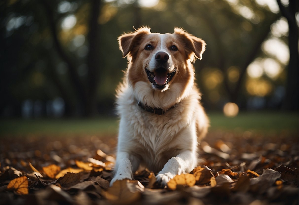 A dog barking at swirling leaves and shadows in the twilight