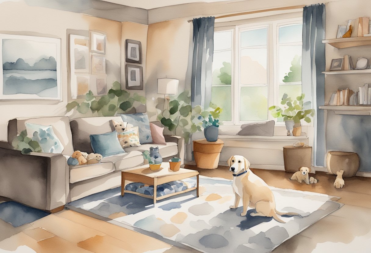 A cozy living room with a worn dog bed and scattered toys, a family photo on the wall, and a faint scent of dog lingering in the air
