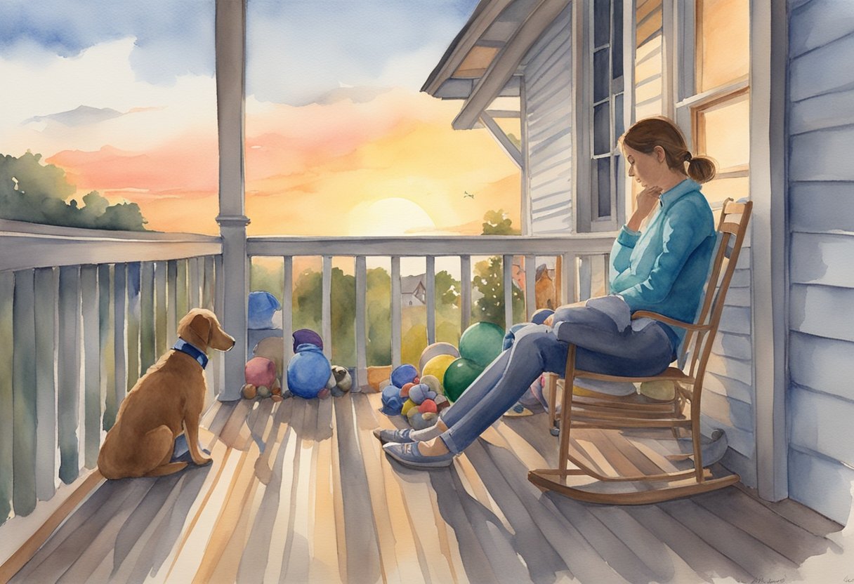 A person sitting on a porch, surrounded by the dog's favorite toys and a collar, looking out at a sunset with a somber expression