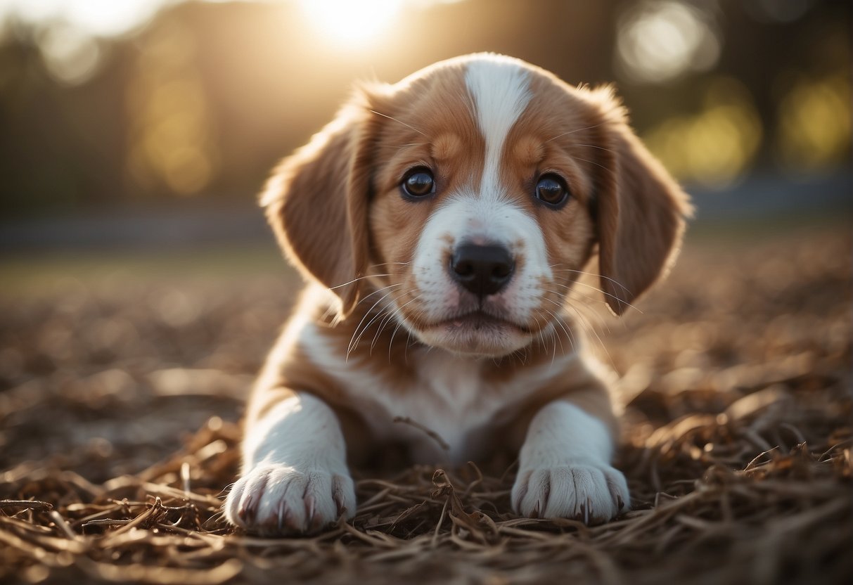 A playful puppy nips at a nose, its tail wagging excitedly. The puppy's sharp teeth gently graze the nose as it explores and plays