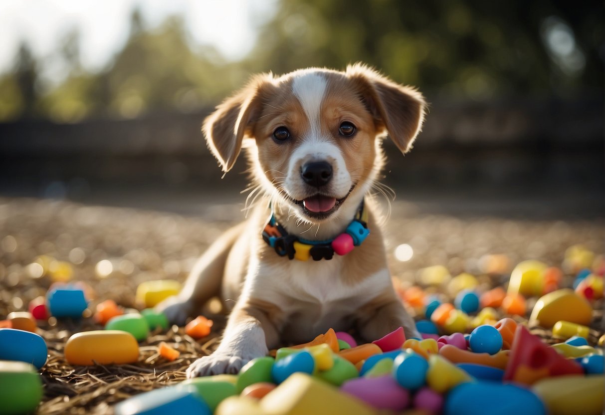 A playful puppy with sharp teeth nibbles on a colorful chew toy, while a pile of chewed-up objects lies nearby
