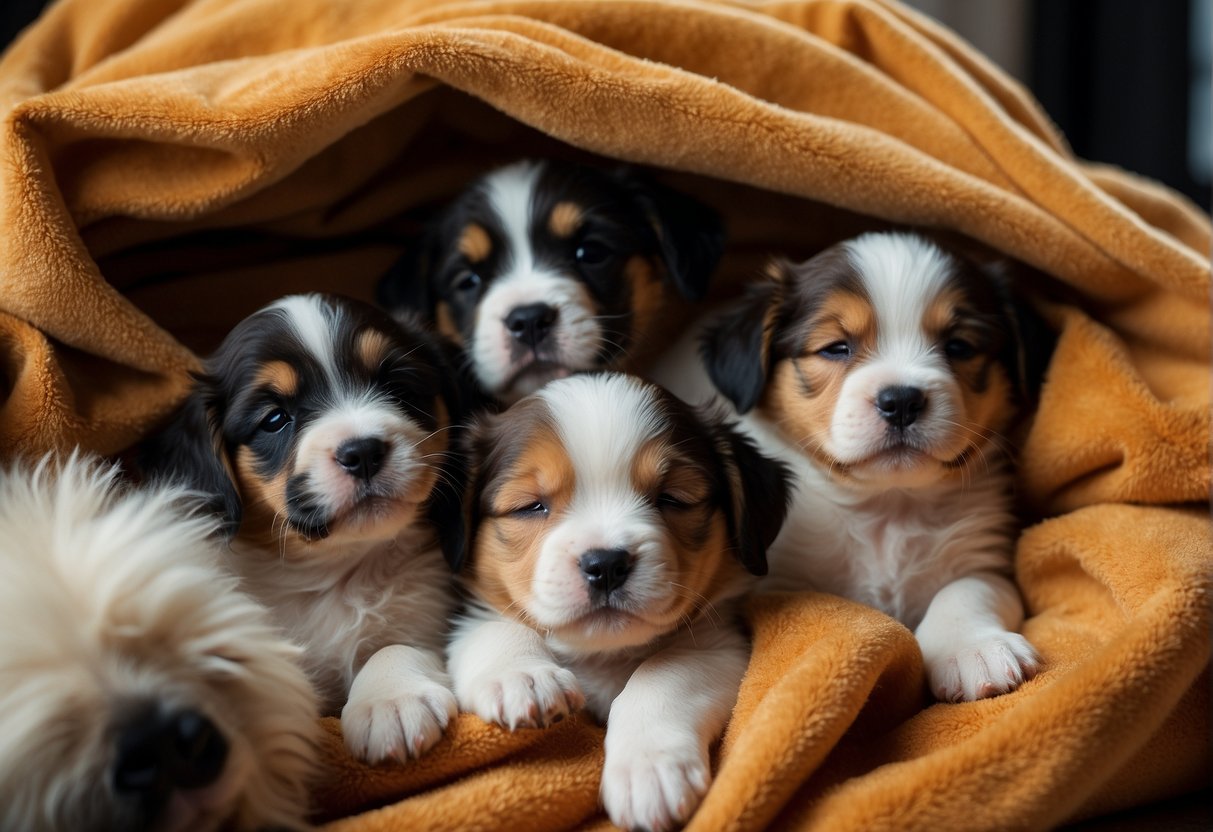 A litter of puppies napping in a cozy pile, surrounded by their toys and blankets, as they grow and develop while sleeping