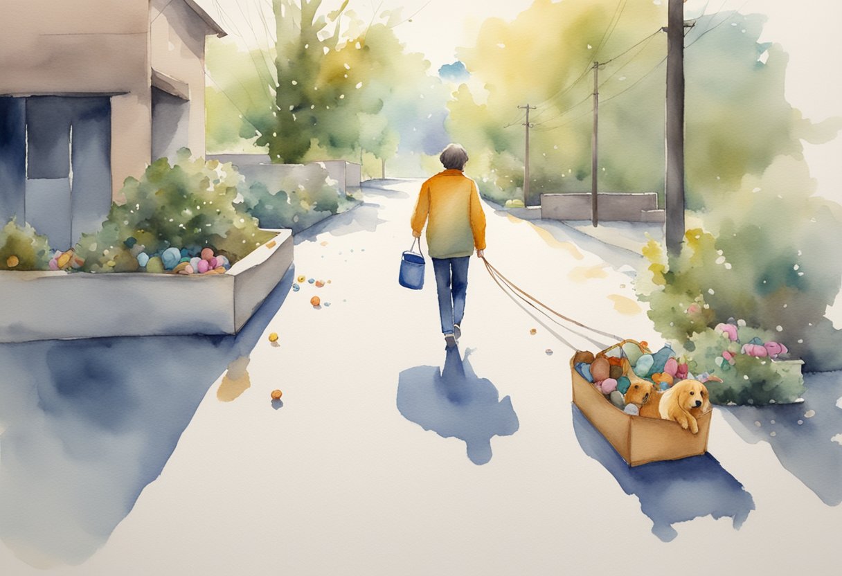 A person walking alone, carrying a leash with an empty collar, surrounded by scattered dog toys and a vacant dog bed