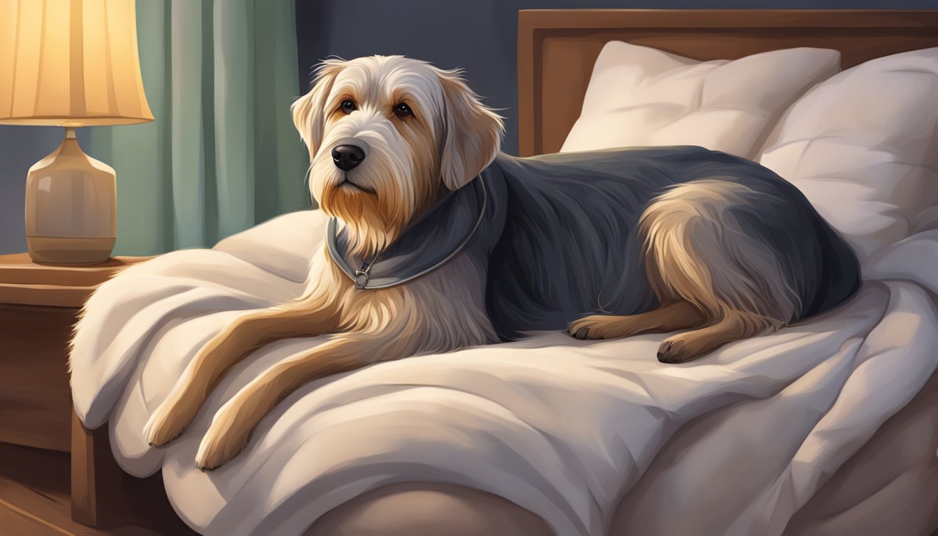 An old dog peacefully resting on a soft, cozy bed surrounded by comforting blankets and pillows