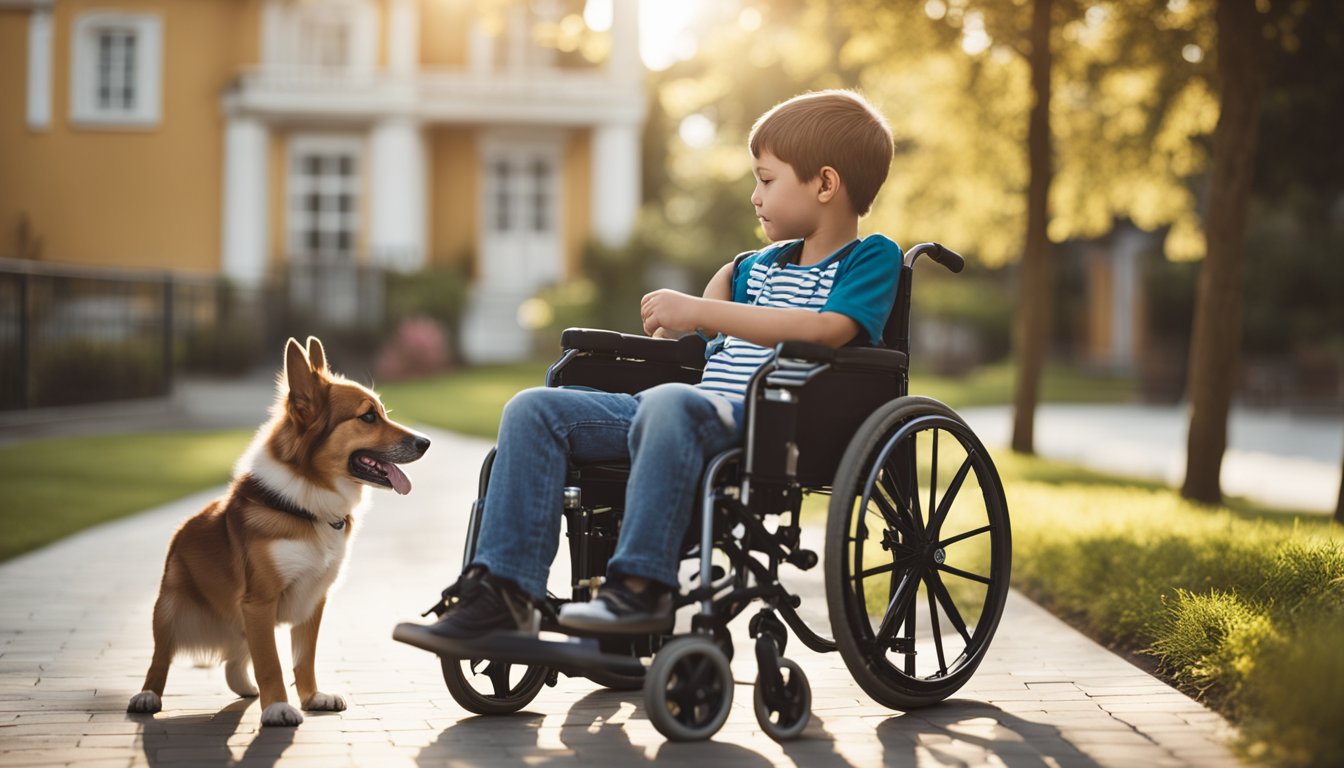 A dog lying beside a wheelchair, nuzzling the child's hand with a wagging tail
