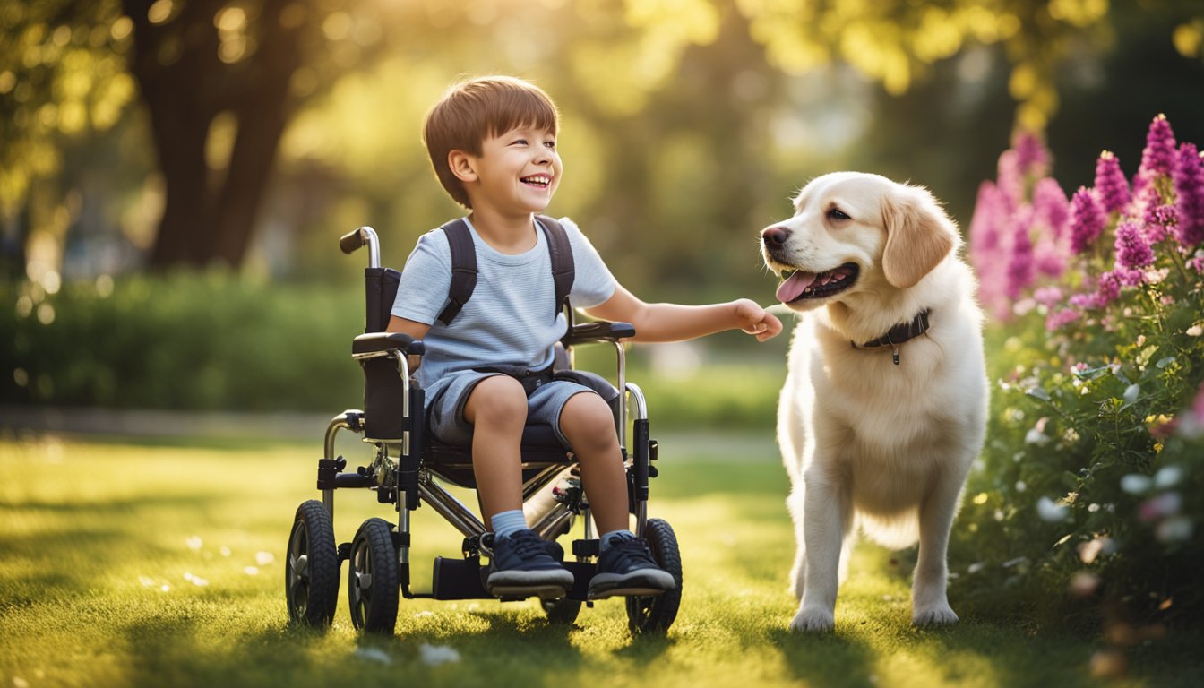 A wheelchair-bound child playing with a joyful dog, both smiling, in a sunny park with colorful flowers and trees in the background
