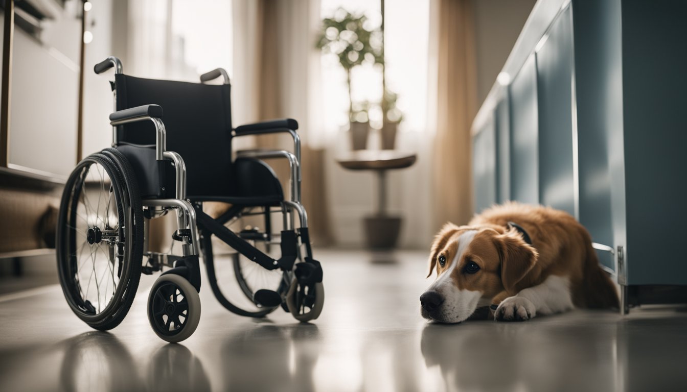 A dog lying next to a wheelchair, looking up at the child with a wagging tail and a loving gaze