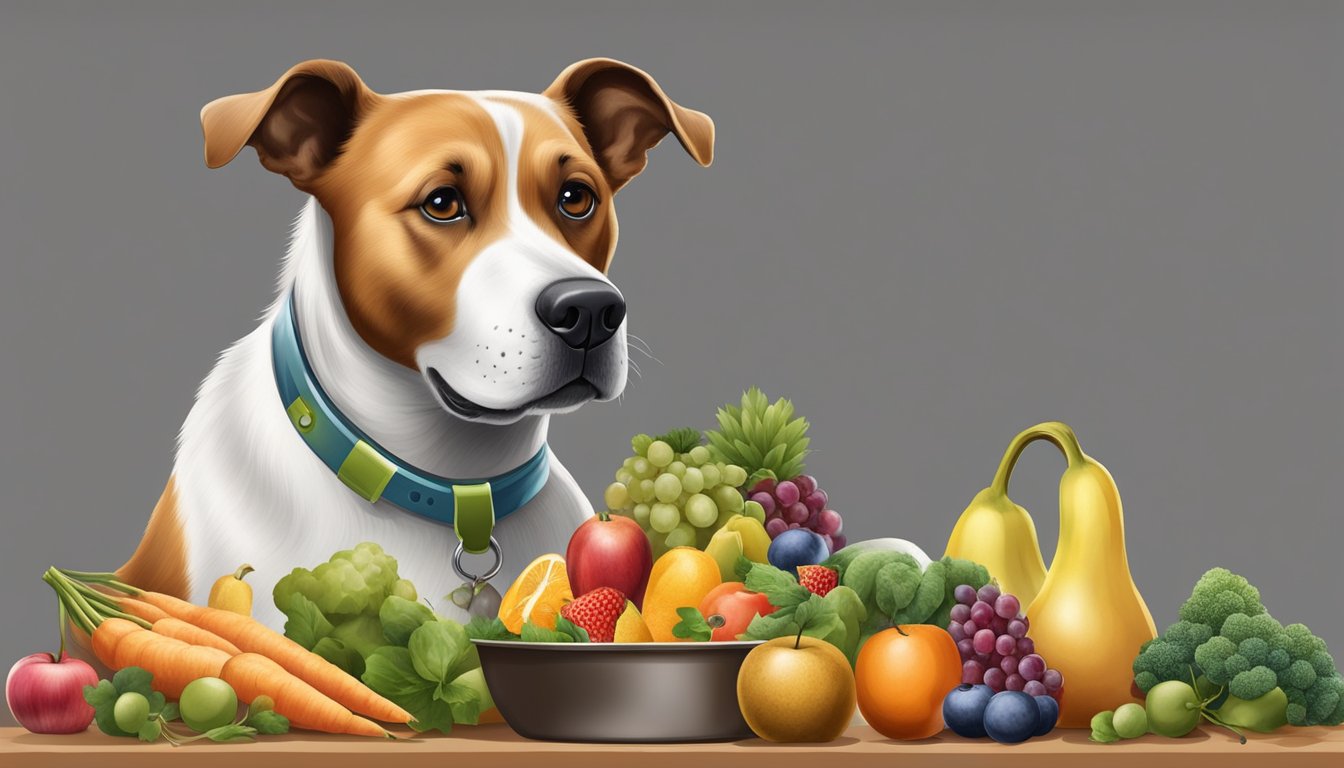An old dog eating a balanced diet with a variety of fruits, vegetables, and lean proteins in its bowl