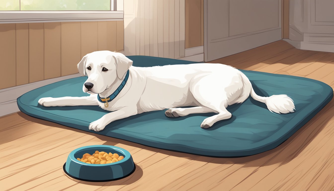 An elderly dog resting on a soft, cushioned bed in a cozy, well-lit room. A water bowl and food dish sit nearby, along with a non-slip mat