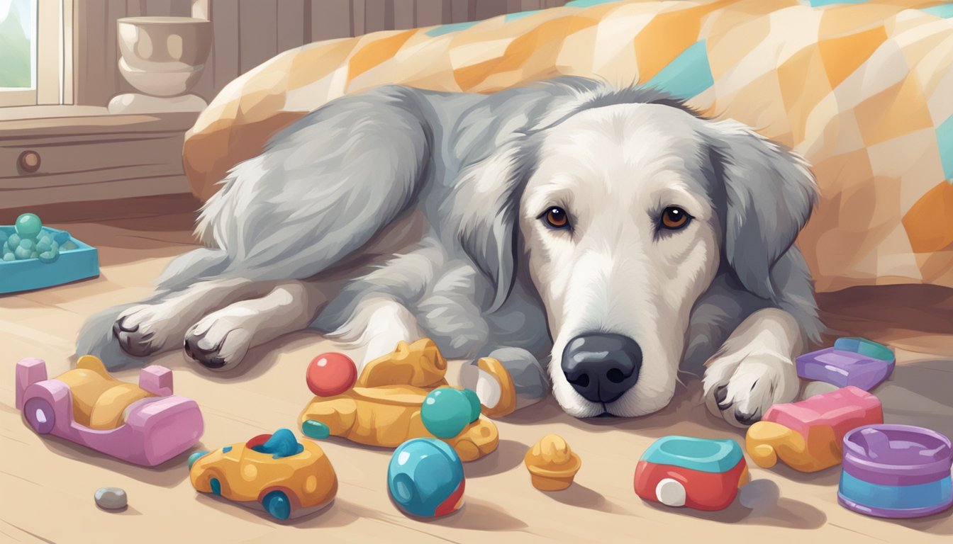 An old dog lying peacefully on a soft bed, surrounded by familiar toys and a bowl of water, with a gentle smile on its face