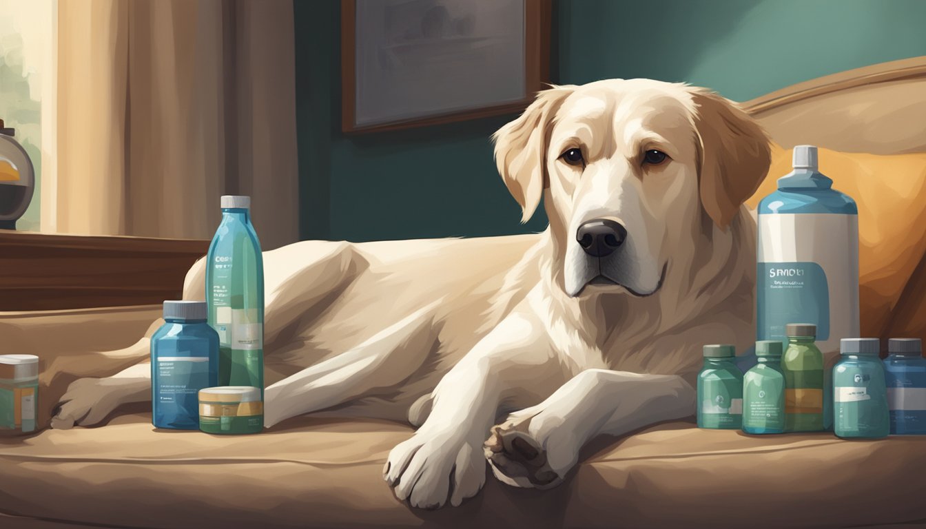 An old dog lying comfortably on a soft bed, surrounded by bottles of joint supplements and a water bowl. A gentle, caring expression on the dog's face