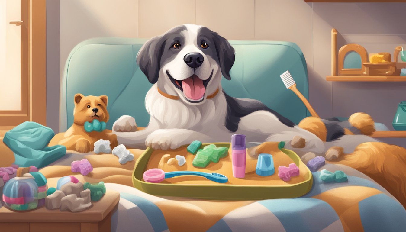 An old dog lying on a cozy bed, surrounded by dental treats, toys, and a toothbrush. A caring owner gently brushes the dog's teeth