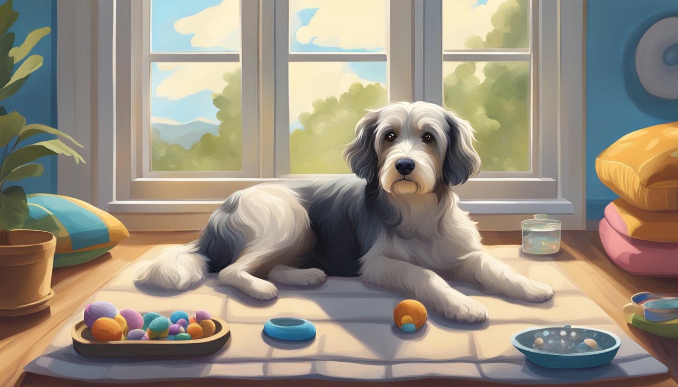An old dog lying peacefully on a cozy bed, surrounded by comforting toys and a bowl of fresh water. A gentle breeze flows through an open window, bringing in the scent of nature