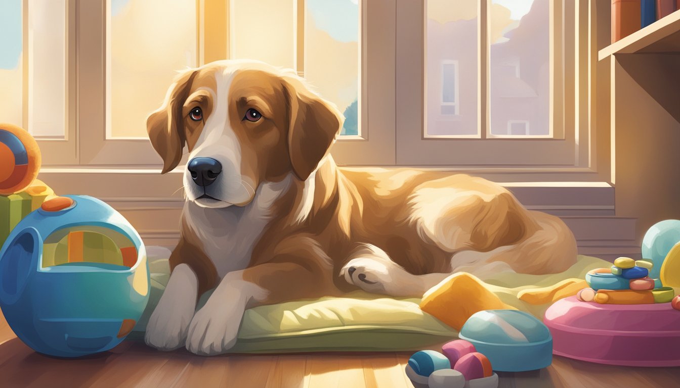 An older dog lying on a soft bed, surrounded by toys and a water bowl. Sunlight streams through a window, casting a warm glow on the peaceful scene