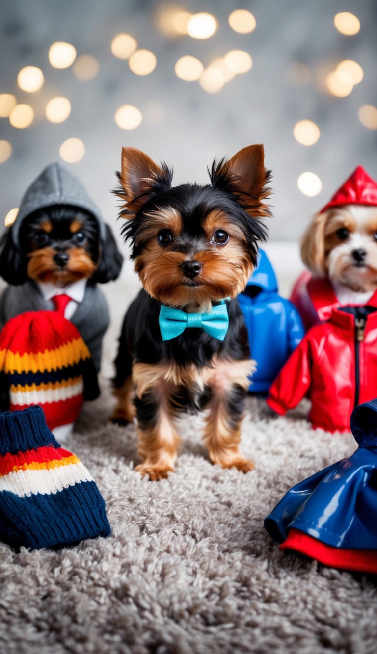 A teacup Yorkie wearing a tiny bowtie stands on a plush carpet, surrounded by a collection of miniature outfits, including a tiny sweater and a tiny raincoat