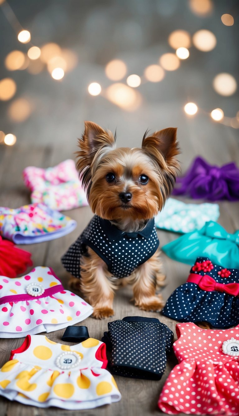 A teacup Yorkie wearing a tiny polka dot dress surrounded by 10 adorable outfits