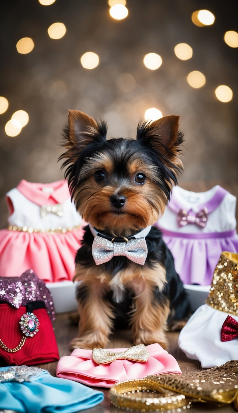 A teacup Yorkie wearing a sparkling bowtie collar surrounded by 10 adorable outfits