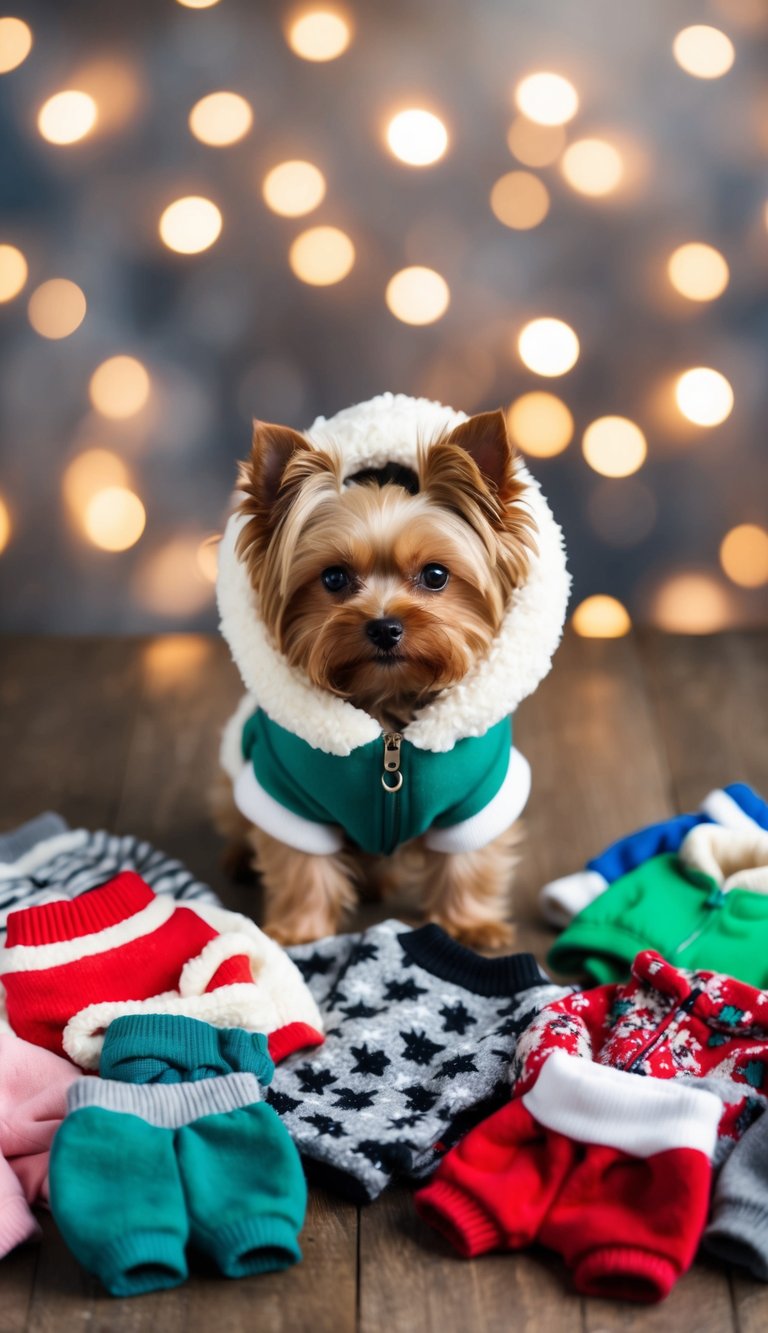 A teacup Yorkie wearing a fuzzy winter hoodie, surrounded by 10 adorable outfits
