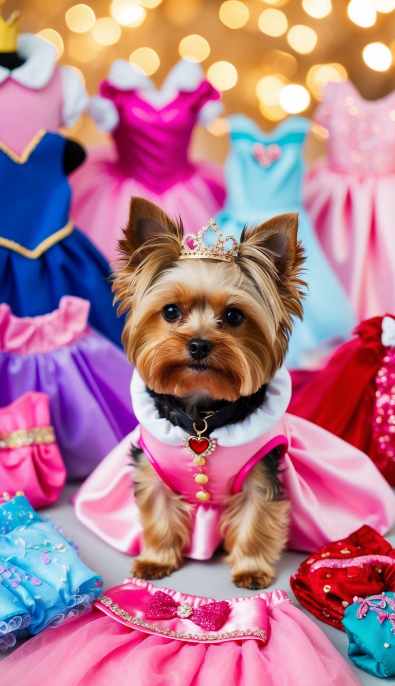 A teacup Yorkie wearing a pink princess gown surrounded by 10 adorable outfits