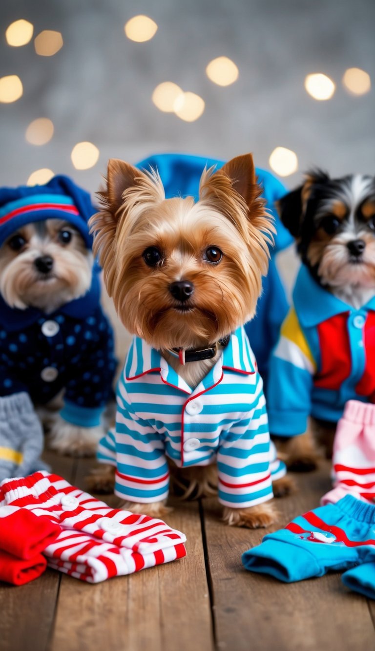 A teacup Yorkie wearing a striped pajama set surrounded by 10 adorable outfits
