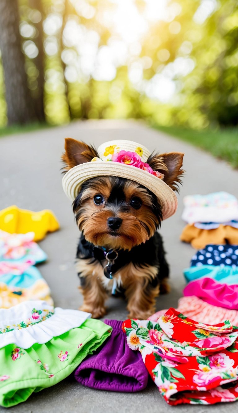 A teacup Yorkie wearing a floral sun hat surrounded by 10 adorable outfits