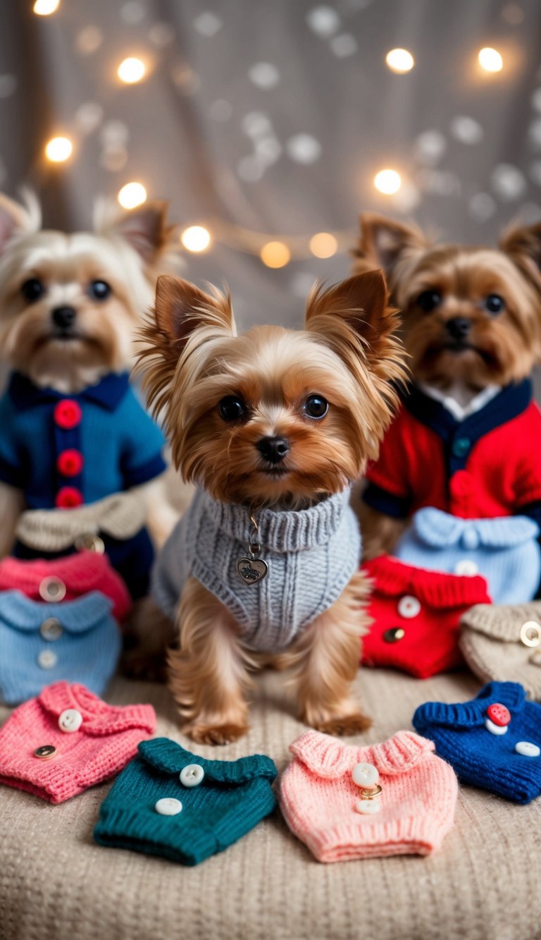 A tiny teacup Yorkie wearing a knitted sweater vest, surrounded by 10 adorable outfits, on a cozy backdrop