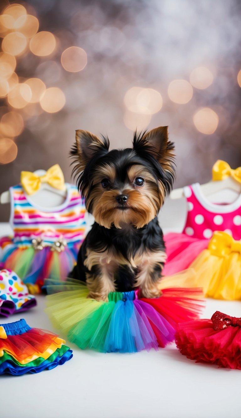 A teacup Yorkie wearing a rainbow tutu skirt, surrounded by 10 adorable outfits