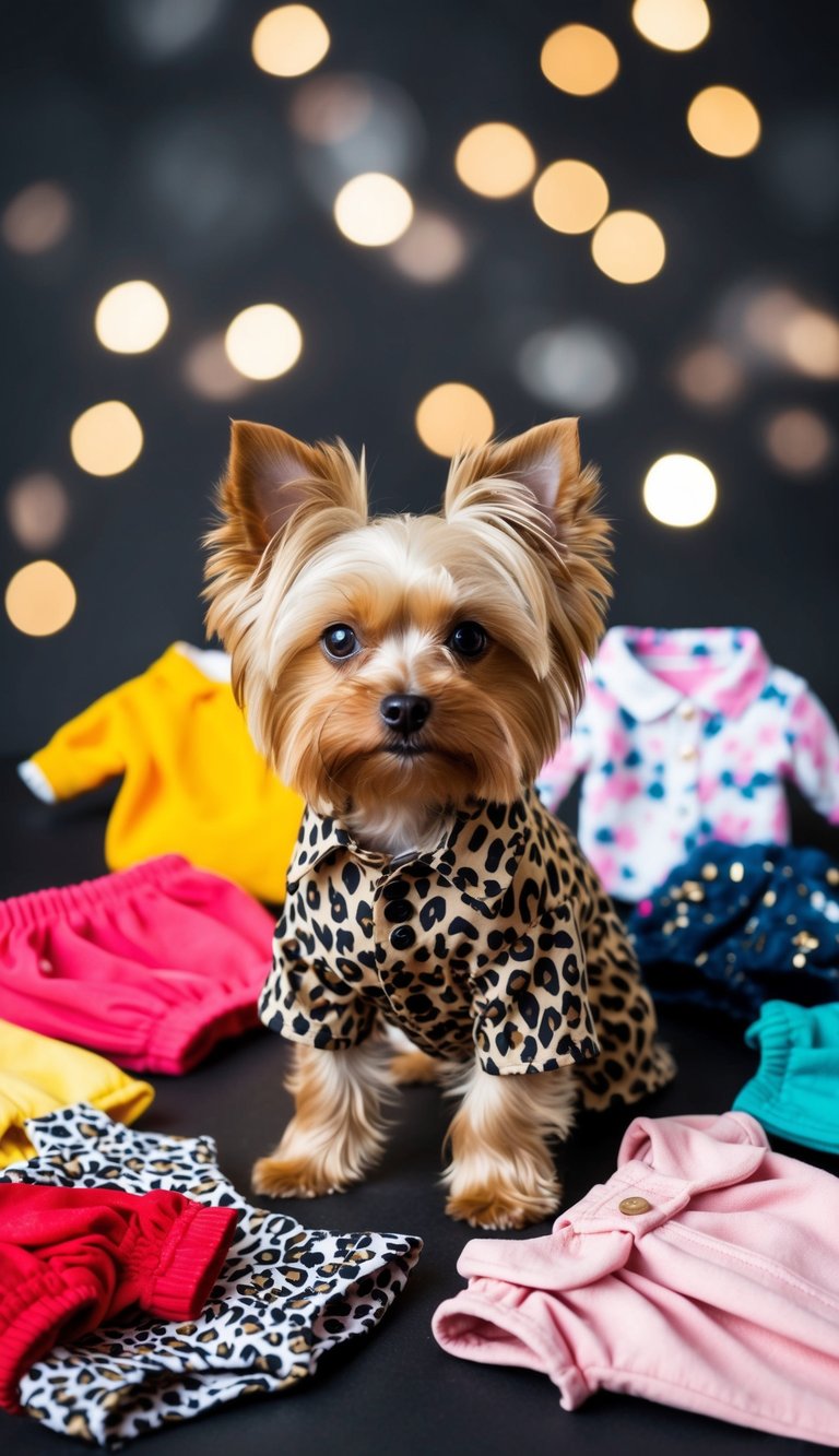 A teacup Yorkie wearing a leopard print jumpsuit, surrounded by 10 adorable outfits