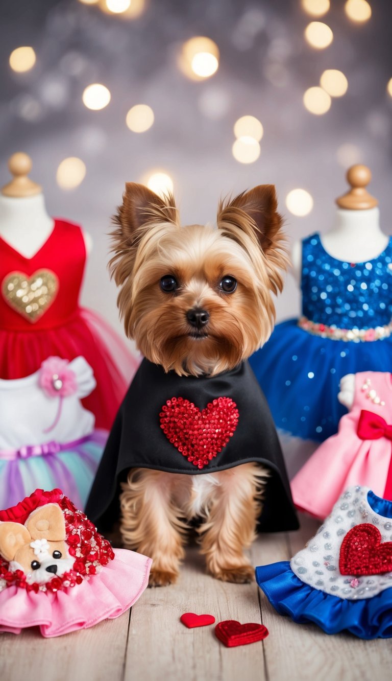 A teacup Yorkie wearing a heart-embellished cape, surrounded by adorable outfits