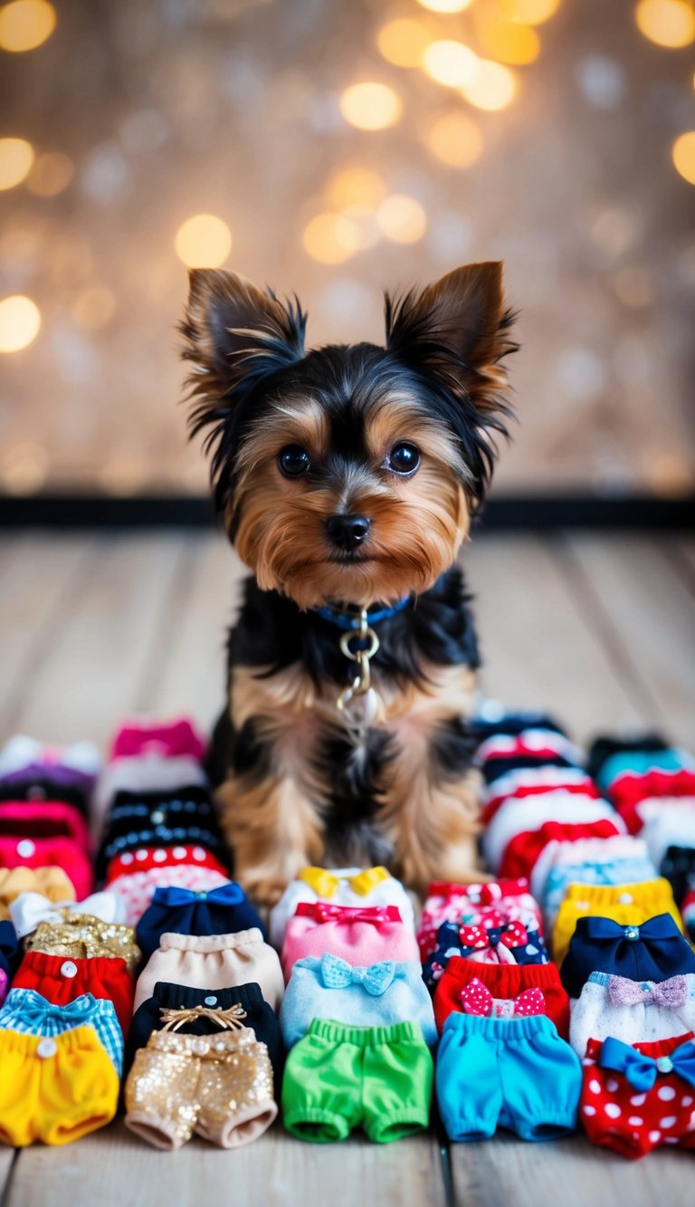 A teacup Yorkie surrounded by 10 tiny outfits, each cuter than the last, with a magical sparkle in its eyes