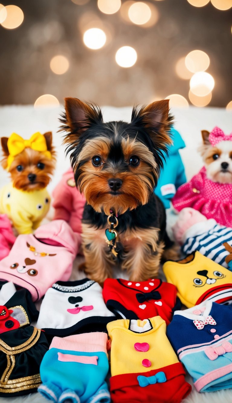 A teacup Yorkie surrounded by 10 adorable outfits, each cuter than the last, with a heartwarming expression on its face