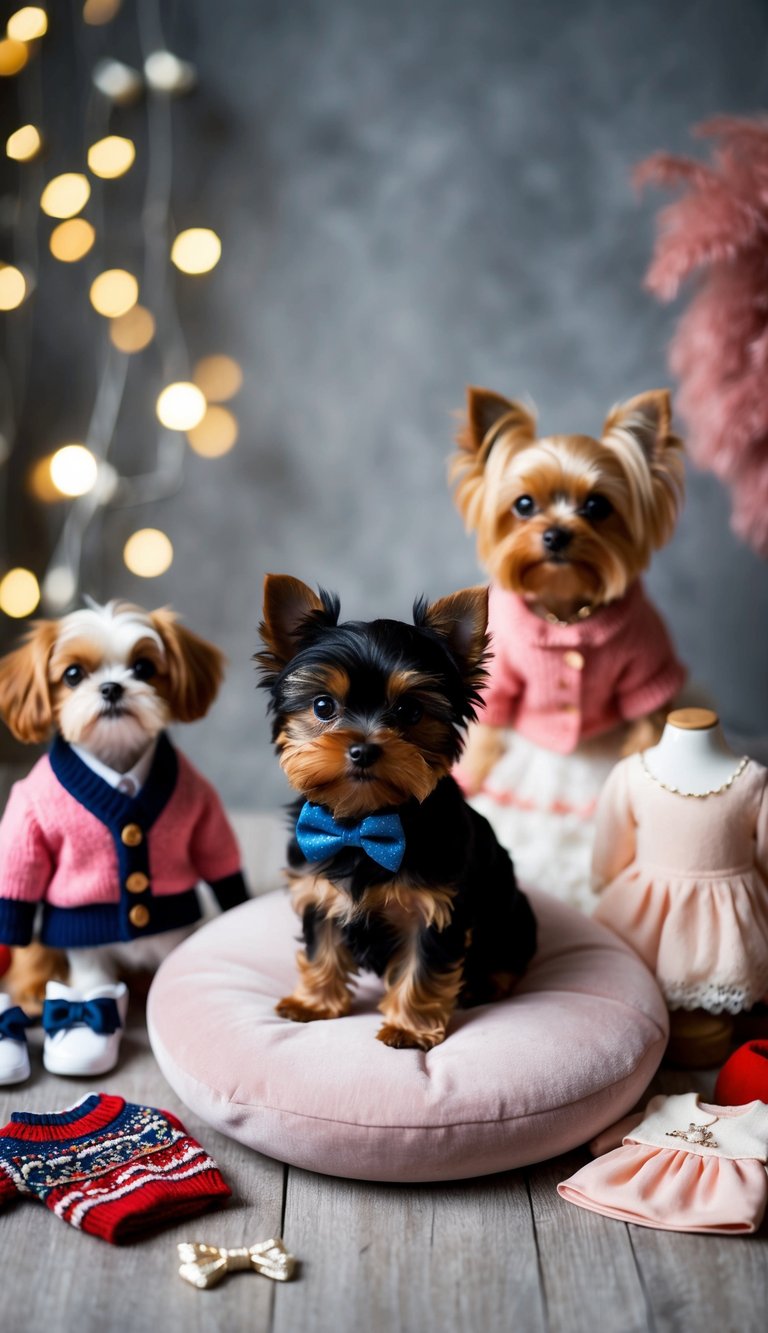 A teacup Yorkie wearing a tiny bowtie and sitting on a plush cushion surrounded by miniature outfits, including a tiny sweater and a dainty dress