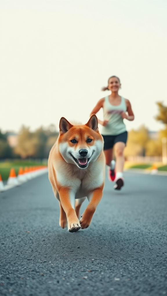 A woman running alongside a Shiba Inu dog on a sunny path.