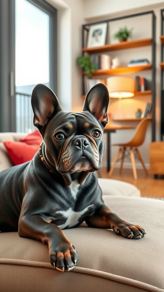 A French Bulldog relaxing in a cozy apartment setting