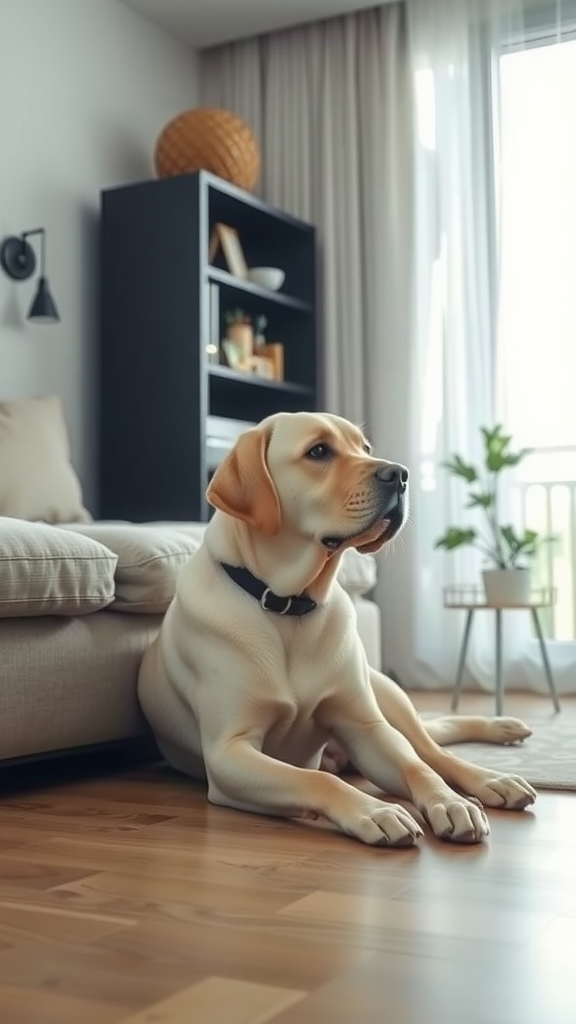 A Labrador dog resting comfortably in a modern living room.