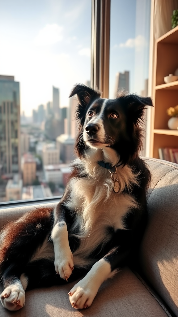 A Border Collie sitting by a window with a city view.
