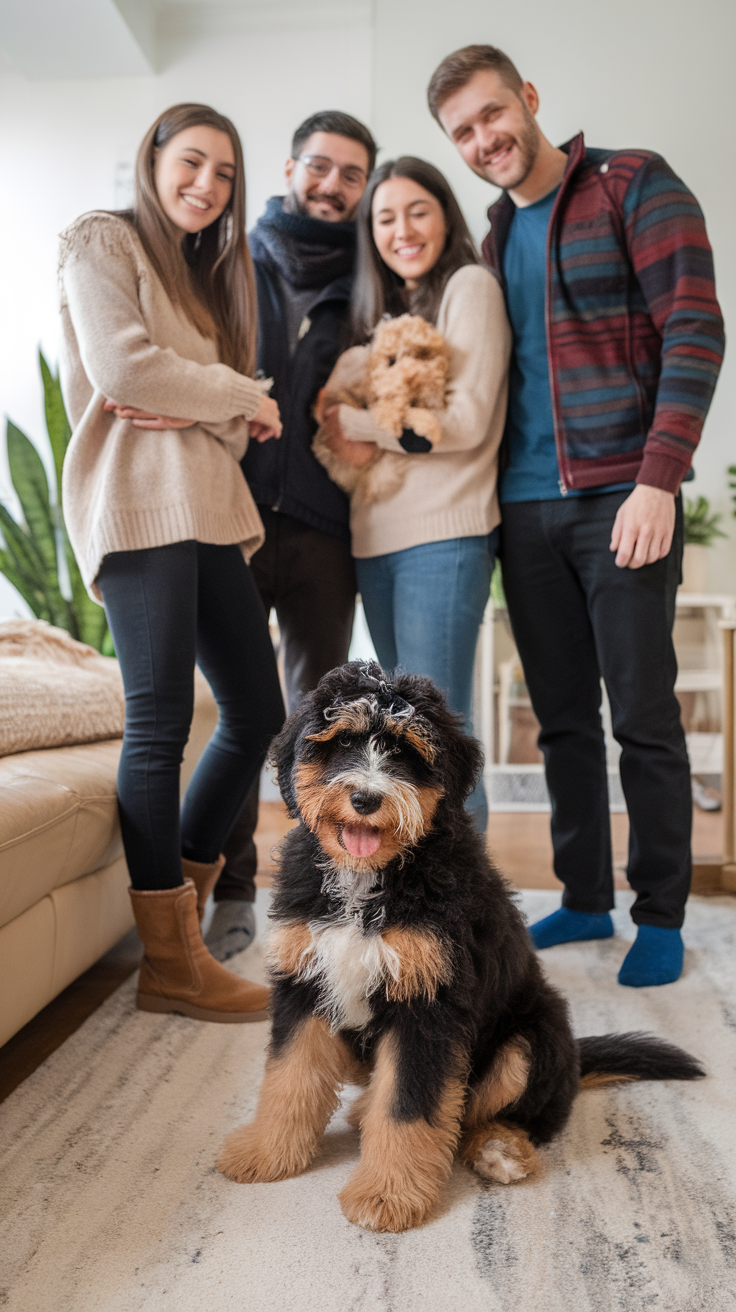 A happy family with a Bernedoodle puppy and a small dog, showing joy and togetherness in a cozy home setting.