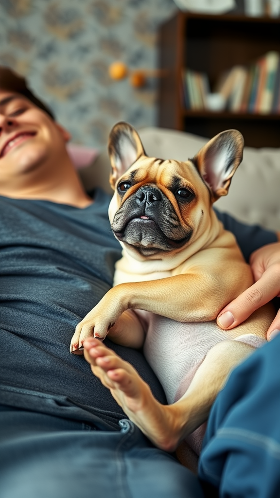 A person relaxing on a couch with a French Bulldog, both looking content and cozy.