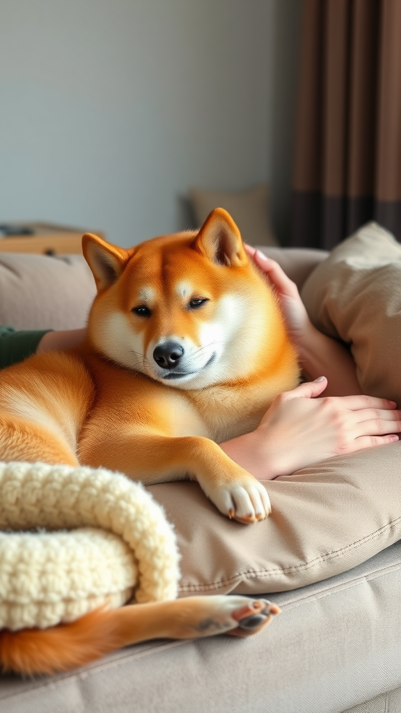 A relaxed Shiba Inu lying on a couch with a person gently petting it.