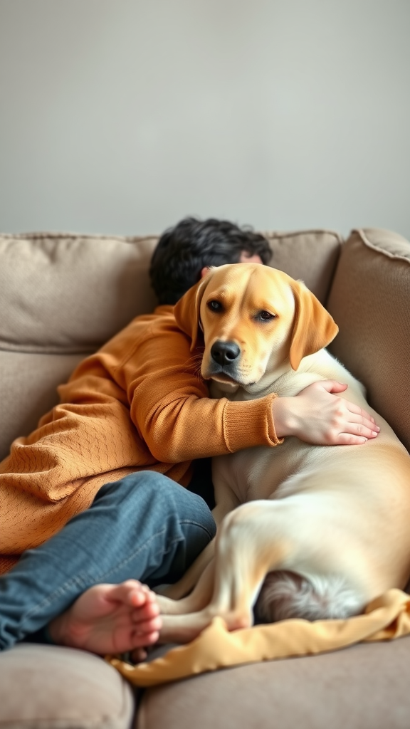 A person sitting on a couch, hugging a yellow Labrador.