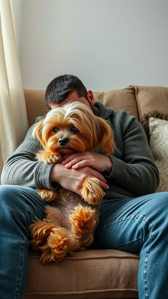 A person sitting on a couch hugging a Yorkie dog, both looking cozy and affectionate.