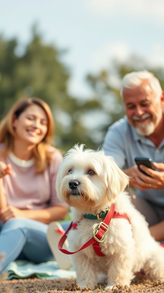 A Maltese dog sitting in front of two smiling people outdoors.