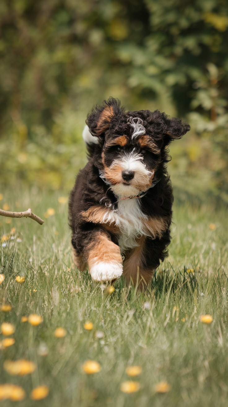A playful Bernedoodle puppy running through a grassy field with flowers.