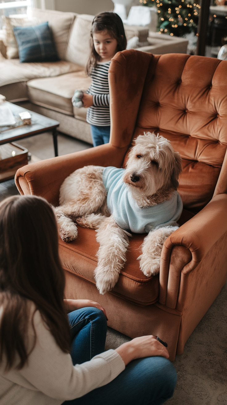 A Bernedoodle in a blue sweater sitting on an armchair with a child in the background