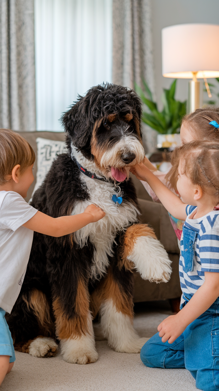 A Bernedoodle sitting on the floor with children petting it in a cozy living room.
