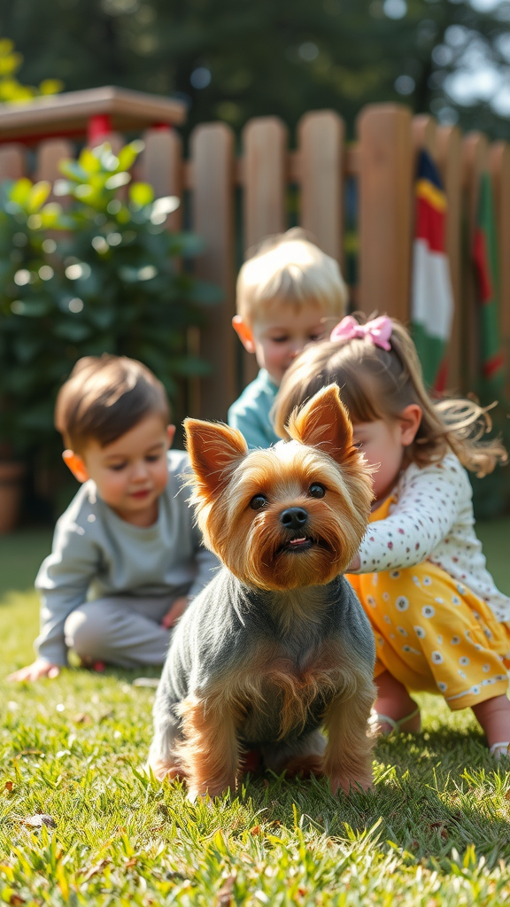 A Yorkie with children playing in a garden.