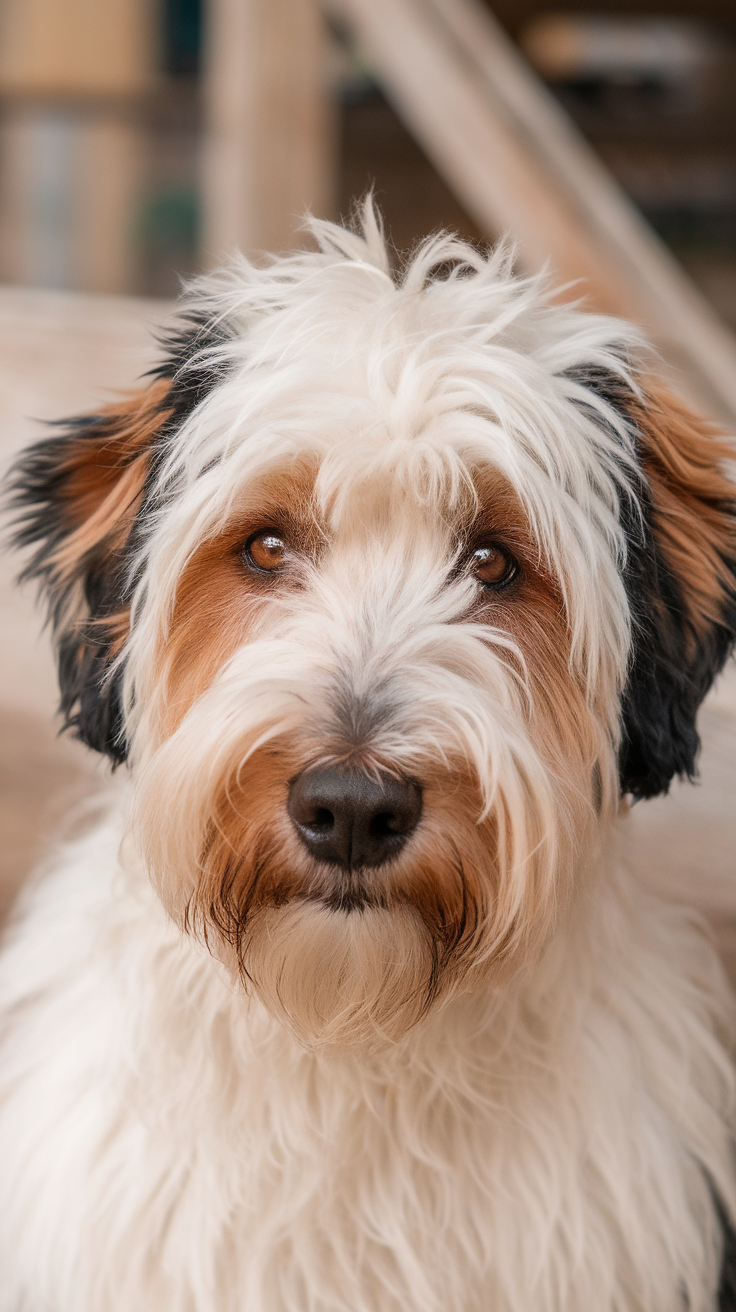 A close-up of a Bernedoodle with fluffy fur and expressive eyes.